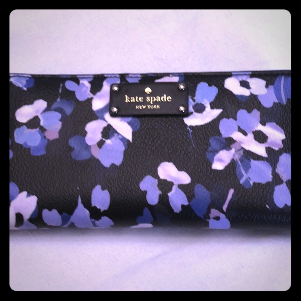 Kate Spade black leather wallet w/blue flowers.